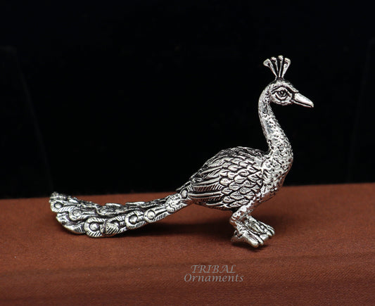 925 sterling silver handmade divine peacock statue, silver home temple utensils, silver article, lord kartikeya murugan vahan vehicle art591 - TRIBAL ORNAMENTS