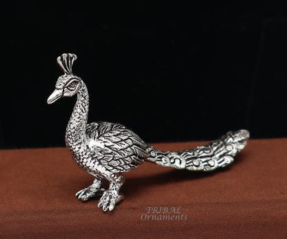 Handmade 925 sterling silver peacock statue by TRIBAL ORNAMENTS, Lord Kartikeya vahan sculpture for home temple decor.