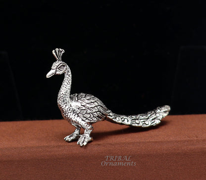 925 sterling silver handmade divine peacock statue, Lord Kartikeya vahan, silver home temple utensil, tribal ornaments art.