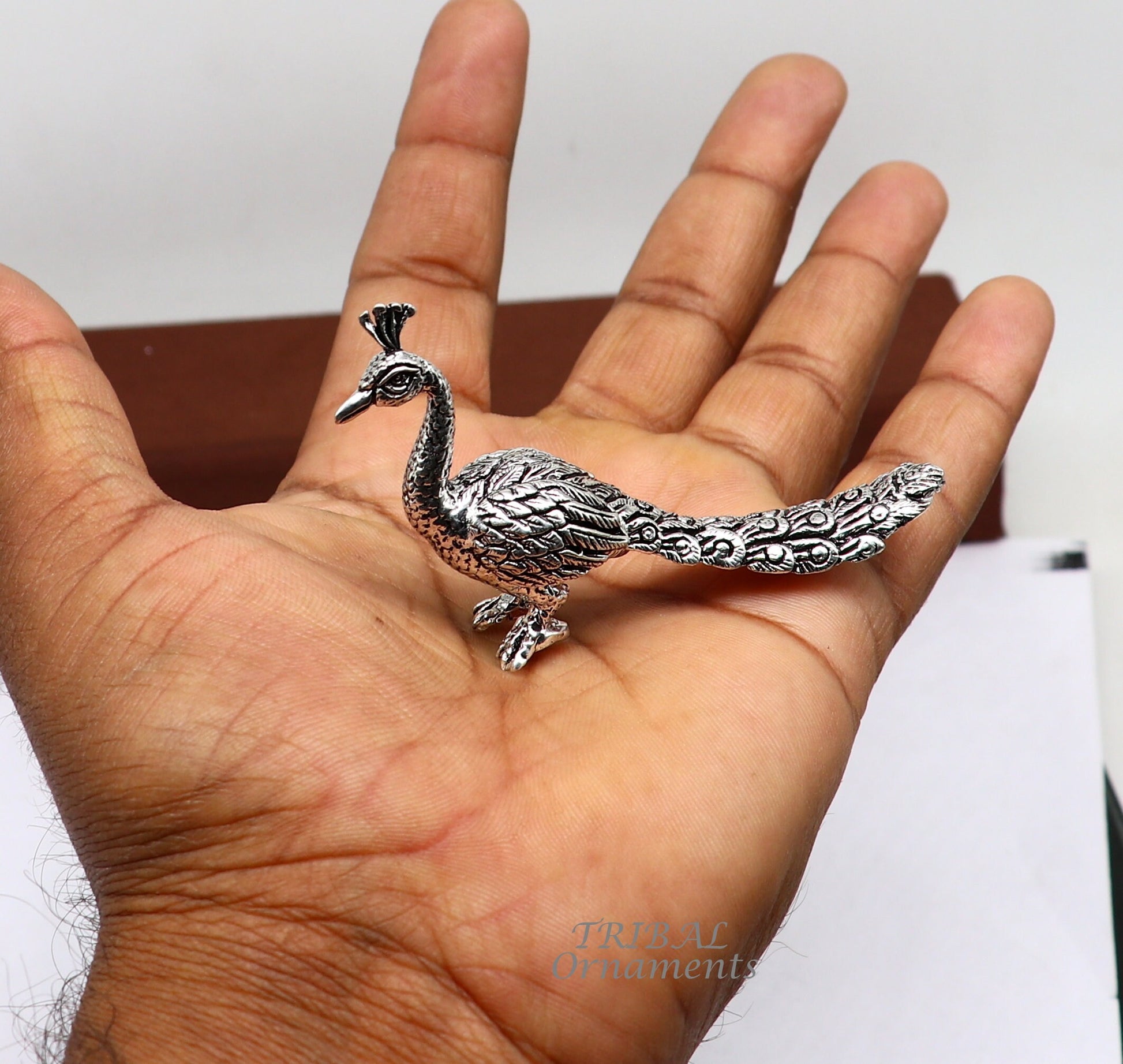 925 sterling silver handmade divine peacock statue, silver home temple utensils, silver article, lord kartikeya murugan vahan vehicle art591 - TRIBAL ORNAMENTS
