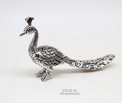 925 sterling silver handmade peacock statue depicting Lord Kartikeya's vahan, suitable for home temple decor and silver art collection