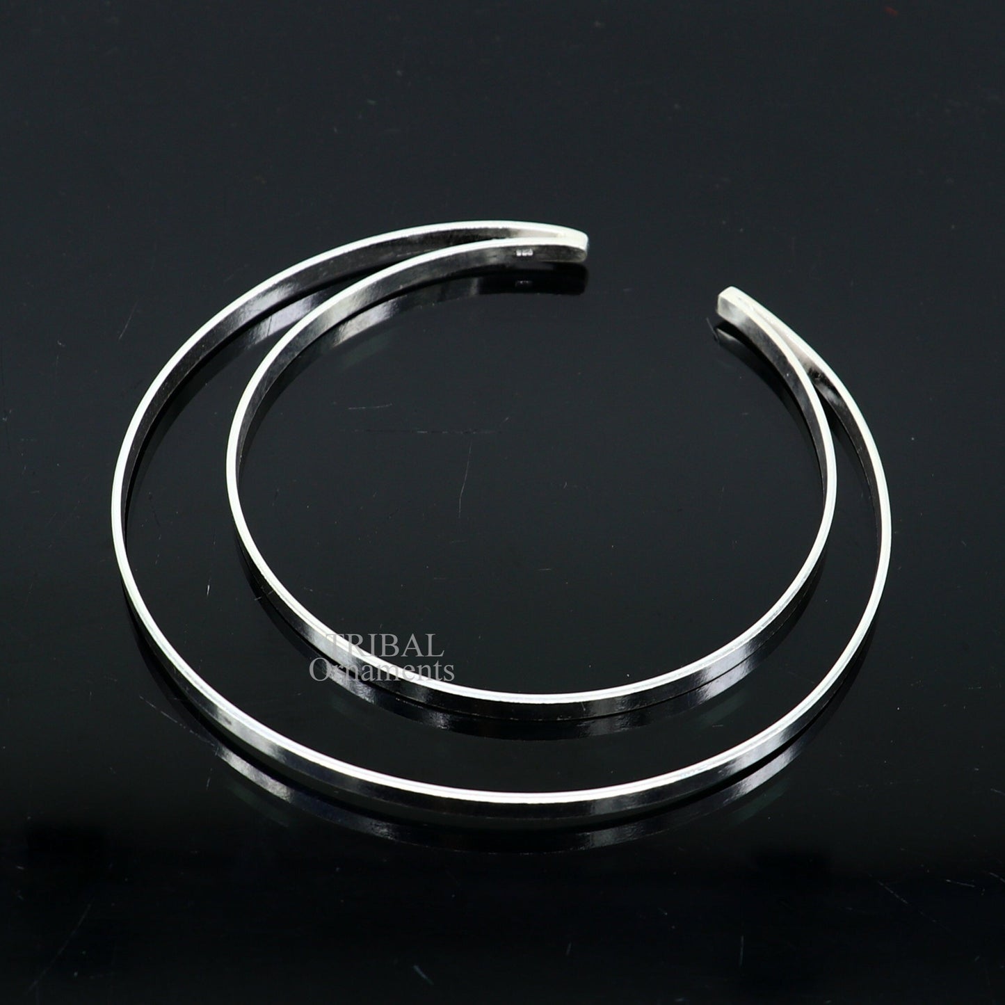Sterling silver double layer bangle bracelet with plain design, handmade tribal jewelry from India by TRIBAL ORNAMENTS.