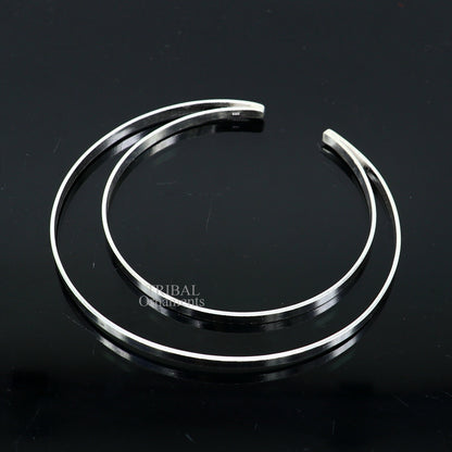 Sterling silver double layer bangle bracelet with plain design, handmade tribal jewelry from India by TRIBAL ORNAMENTS.