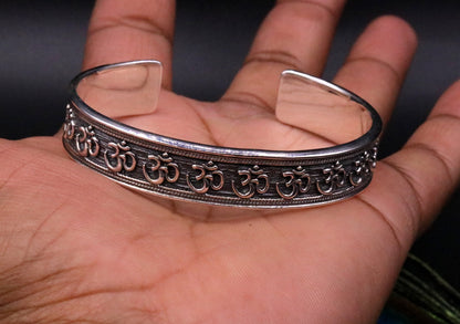 Unisex 925 sterling silver "AUM" Mantra cuff bangle bracelet with oxidized finish, adjustable, handmade tribal jewelry.
