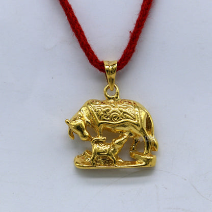 925 sterling silver Kamdhenu cow with calf pendant in gold polish, elegant tribal jewelry, handcrafted divine animal pendant.