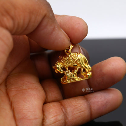 925 sterling silver Kamdhenu cow with calf pendant, gold-polished tribal jewelry, intricate handmade divine cow and calf design