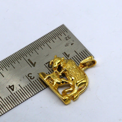 925 silver Kamdhenu cow with calf pendant, gold polished tribal jewelry, handmade divine cow and calf pendant, elegant and detailed.