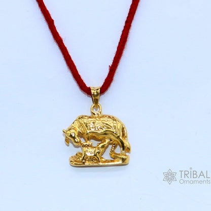 925 silver elegant Kamdhenu cow with calf pendant, gold polished tribal jewelry, handmade and divine design with intricate details.