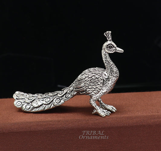 925 sterling silver handmade elegant peacock statue, silver home temple utensils, silver article lord kartikeya murugan vahan vehicle art590 - TRIBAL ORNAMENTS