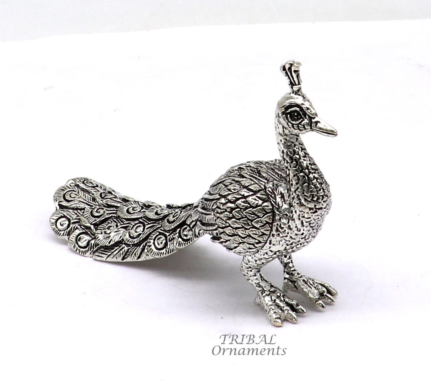 925 sterling silver handmade elegant peacock statue, silver home temple utensils, silver article lord kartikeya murugan vahan vehicle art590 - TRIBAL ORNAMENTS