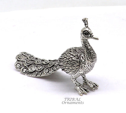 925 sterling silver handmade elegant peacock statue, silver home temple utensils, silver article lord kartikeya murugan vahan vehicle art590 - TRIBAL ORNAMENTS