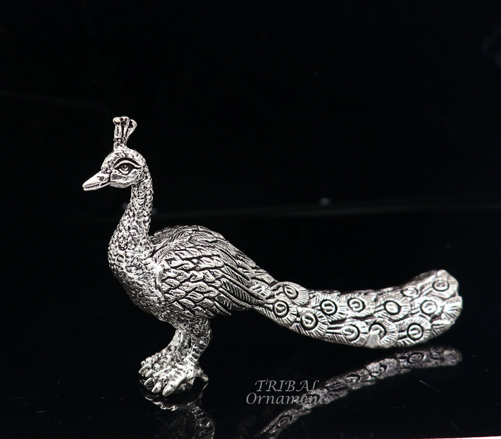 925 sterling silver handmade elegant peacock statue, silver home temple utensils, silver article lord kartikeya murugan vahan vehicle art590 - TRIBAL ORNAMENTS