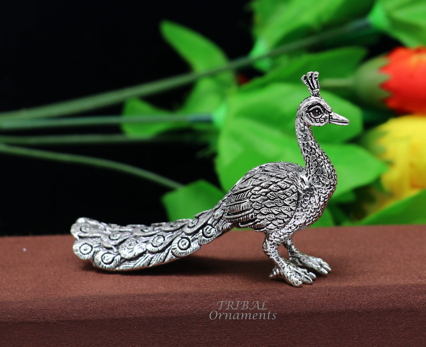 925 sterling silver handmade elegant peacock statue, silver home temple utensils, silver article lord kartikeya murugan vahan vehicle art590 - TRIBAL ORNAMENTS