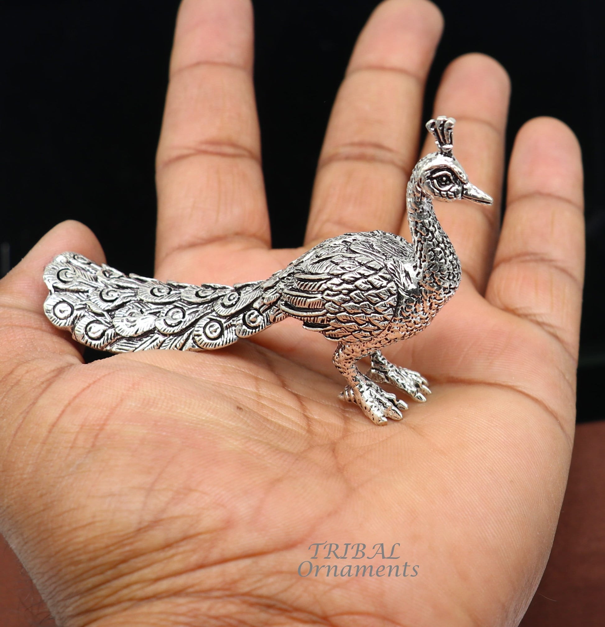 925 sterling silver handmade elegant peacock statue, silver home temple utensils, silver article lord kartikeya murugan vahan vehicle art590 - TRIBAL ORNAMENTS