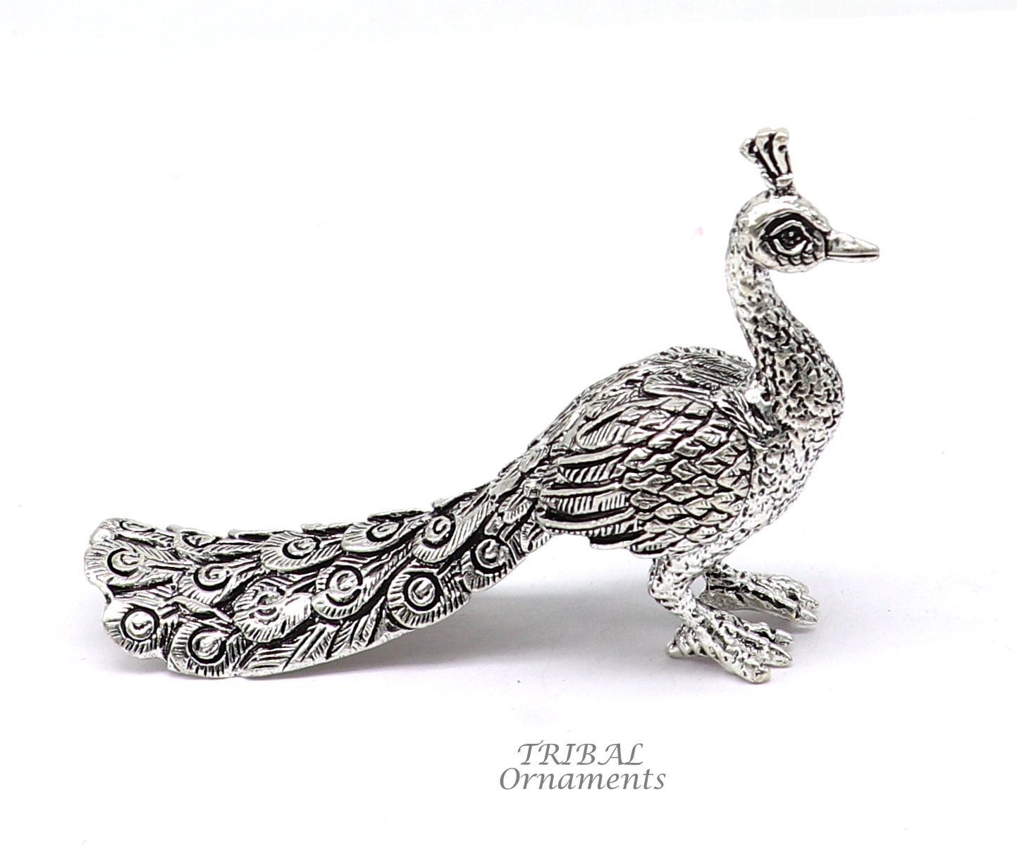 925 sterling silver handmade elegant peacock statue, silver home temple utensils, silver article lord kartikeya murugan vahan vehicle art590 - TRIBAL ORNAMENTS