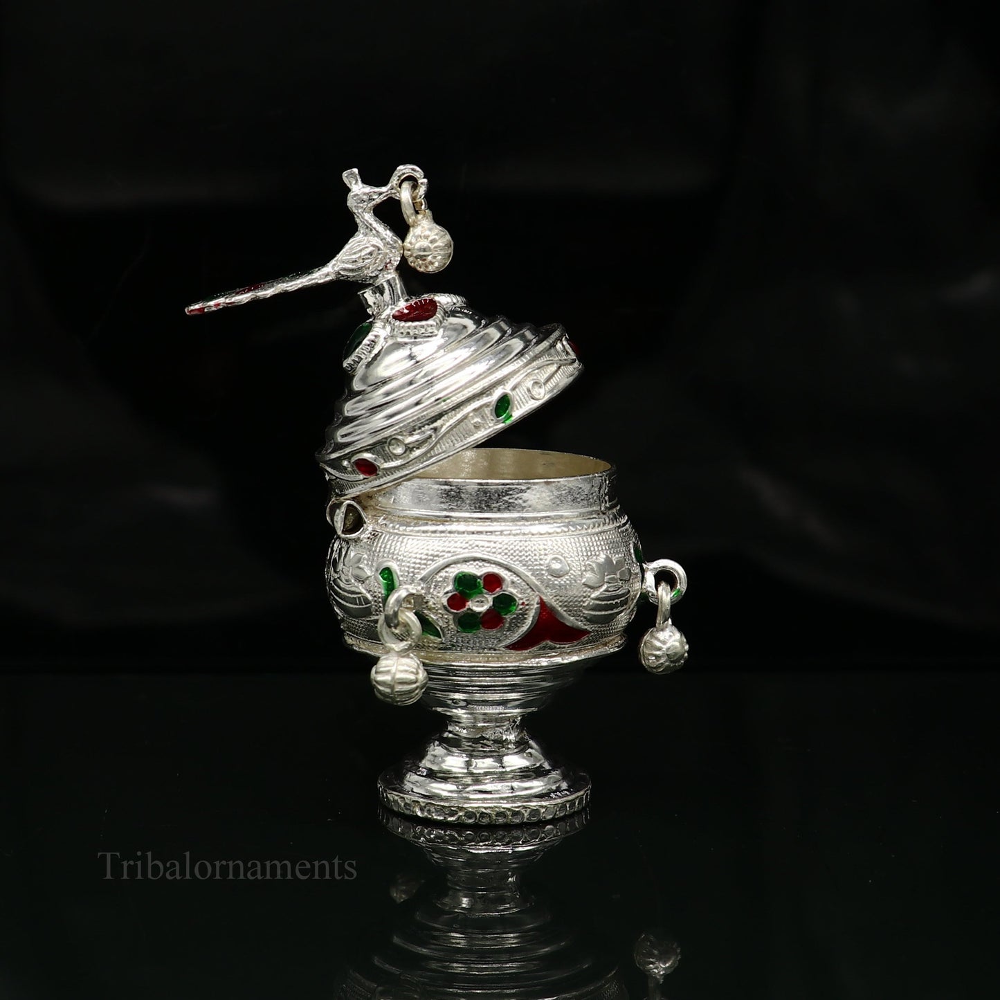 925 sterling silver handmade enamel design vintage trinket box Krishna Prasadam serving box , brides accessories, kumkum sindur box stb158 - TRIBAL ORNAMENTS