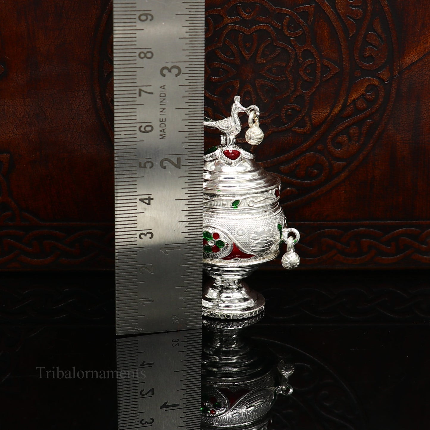 925 sterling silver handmade enamel design vintage trinket box Krishna Prasadam serving box , brides accessories, kumkum sindur box stb158 - TRIBAL ORNAMENTS