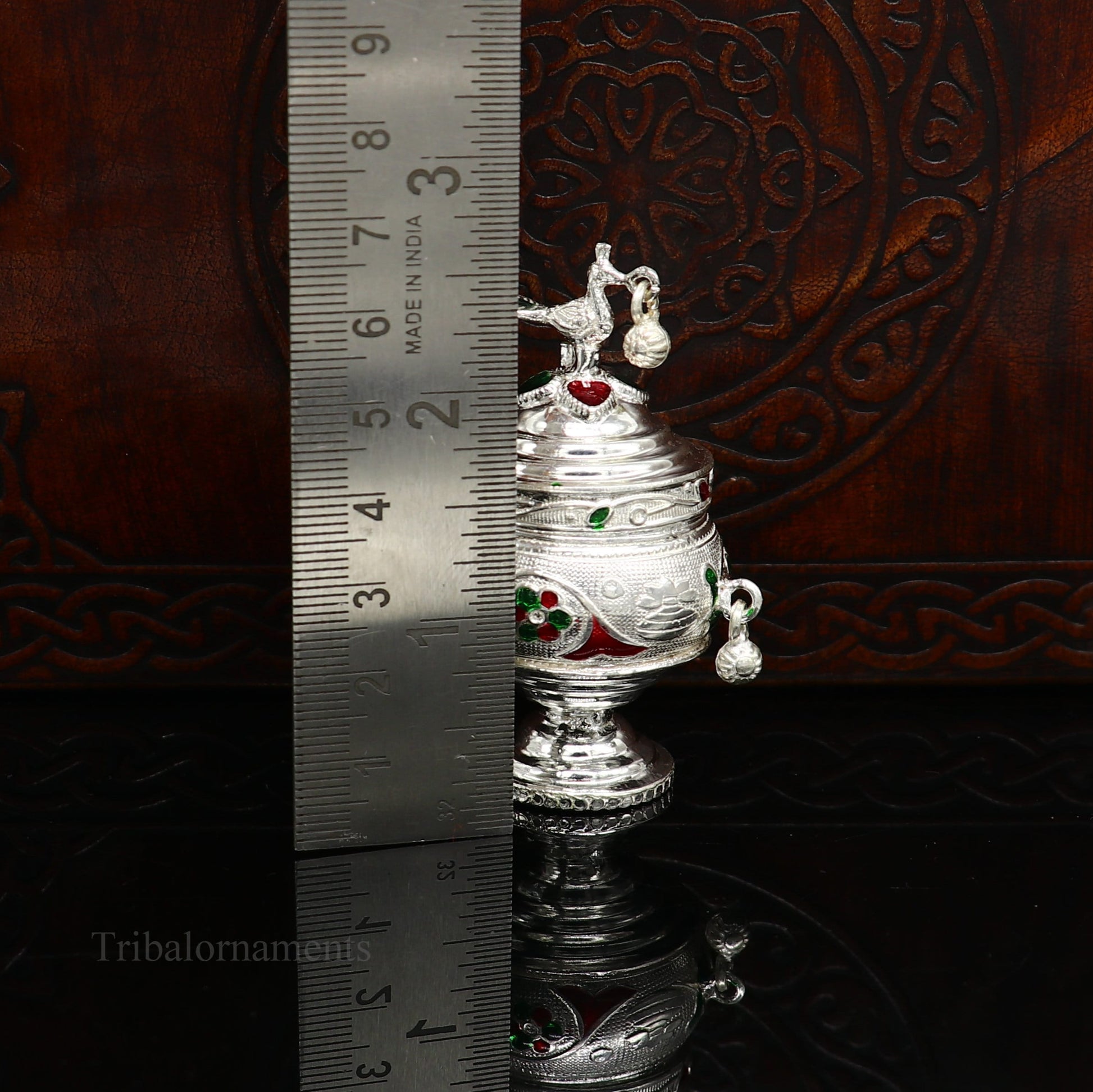 925 sterling silver handmade enamel design vintage trinket box Krishna Prasadam serving box , brides accessories, kumkum sindur box stb158 - TRIBAL ORNAMENTS