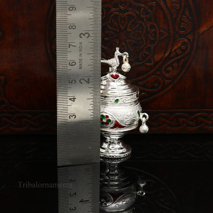 925 sterling silver handmade enamel design vintage trinket box Krishna Prasadam serving box , brides accessories, kumkum sindur box stb158 - TRIBAL ORNAMENTS