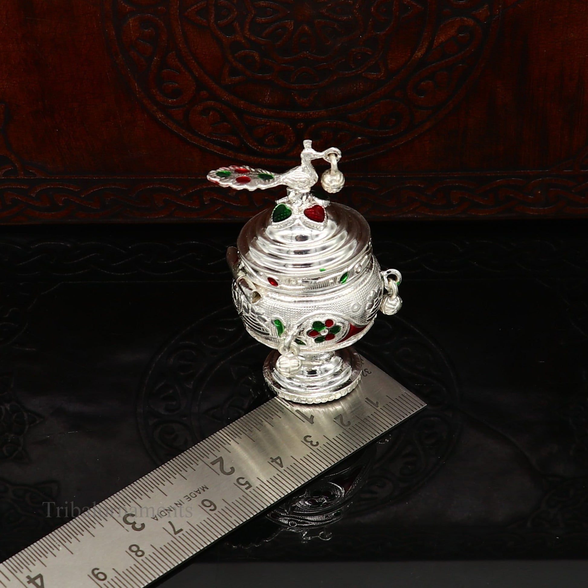 925 sterling silver handmade enamel design vintage trinket box Krishna Prasadam serving box , brides accessories, kumkum sindur box stb158 - TRIBAL ORNAMENTS