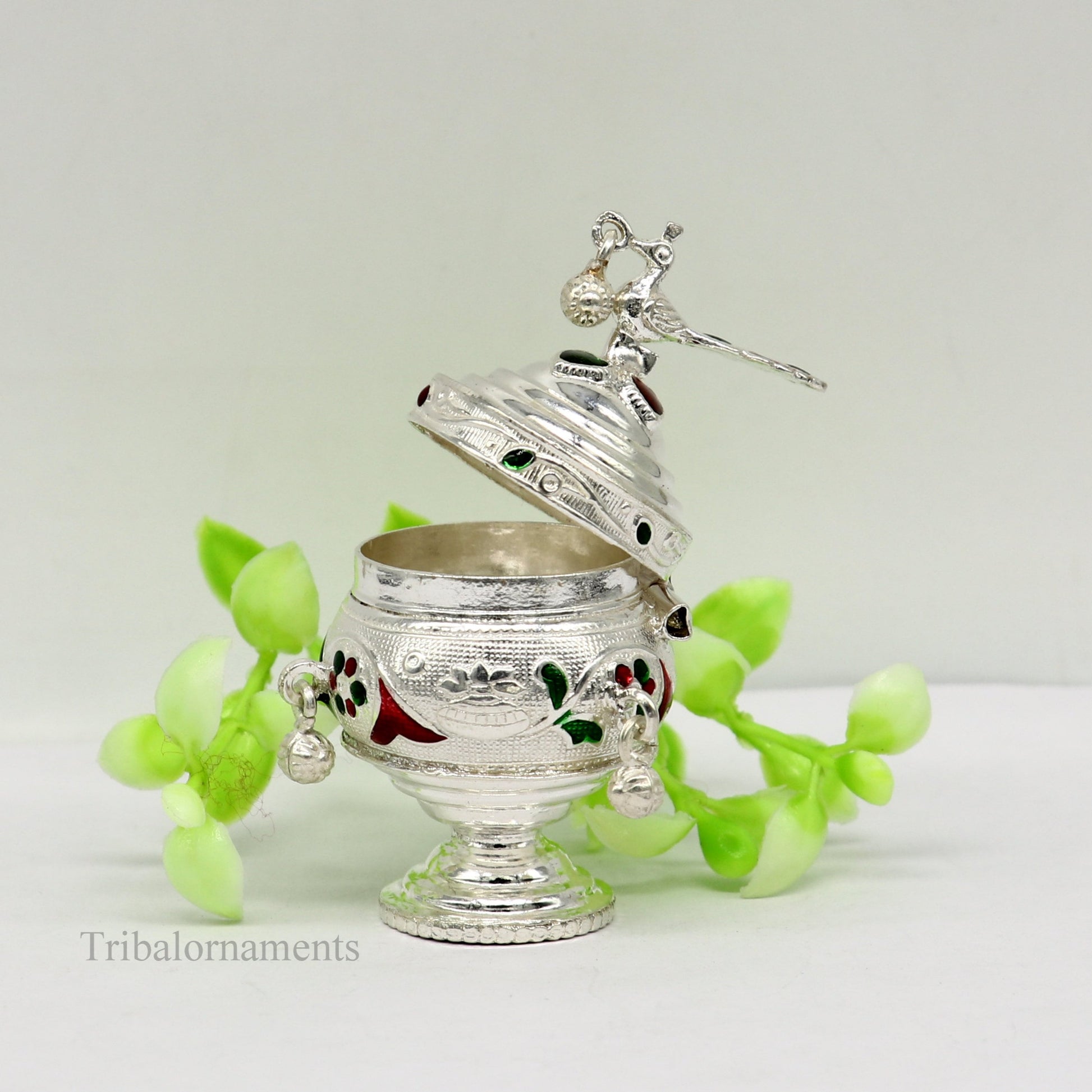 925 sterling silver handmade enamel design vintage trinket box Krishna Prasadam serving box , brides accessories, kumkum sindur box stb158 - TRIBAL ORNAMENTS