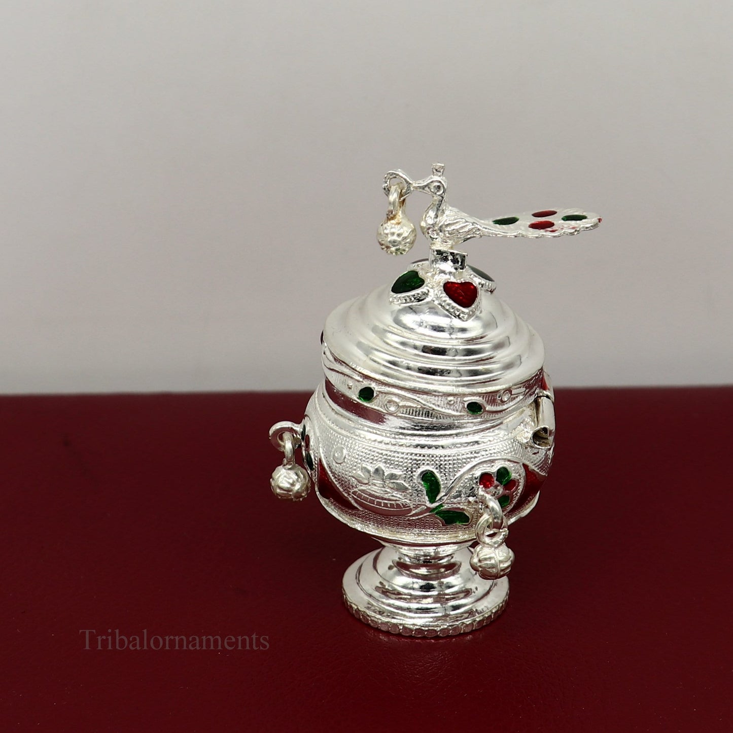 925 sterling silver handmade enamel design vintage trinket box Krishna Prasadam serving box , brides accessories, kumkum sindur box stb158 - TRIBAL ORNAMENTS