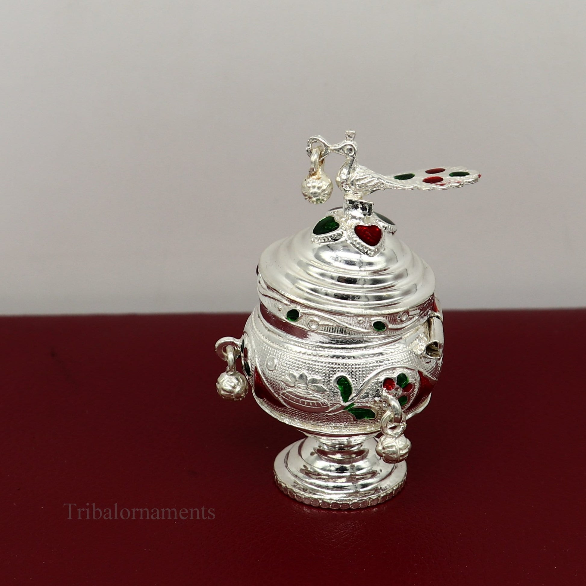 925 sterling silver handmade enamel design vintage trinket box Krishna Prasadam serving box , brides accessories, kumkum sindur box stb158 - TRIBAL ORNAMENTS
