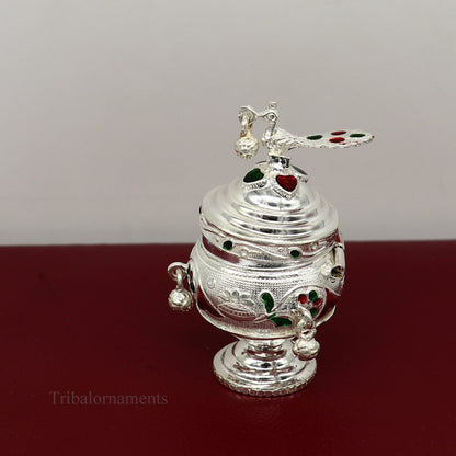 925 sterling silver handmade enamel design vintage trinket box Krishna Prasadam serving box , brides accessories, kumkum sindur box stb158 - TRIBAL ORNAMENTS