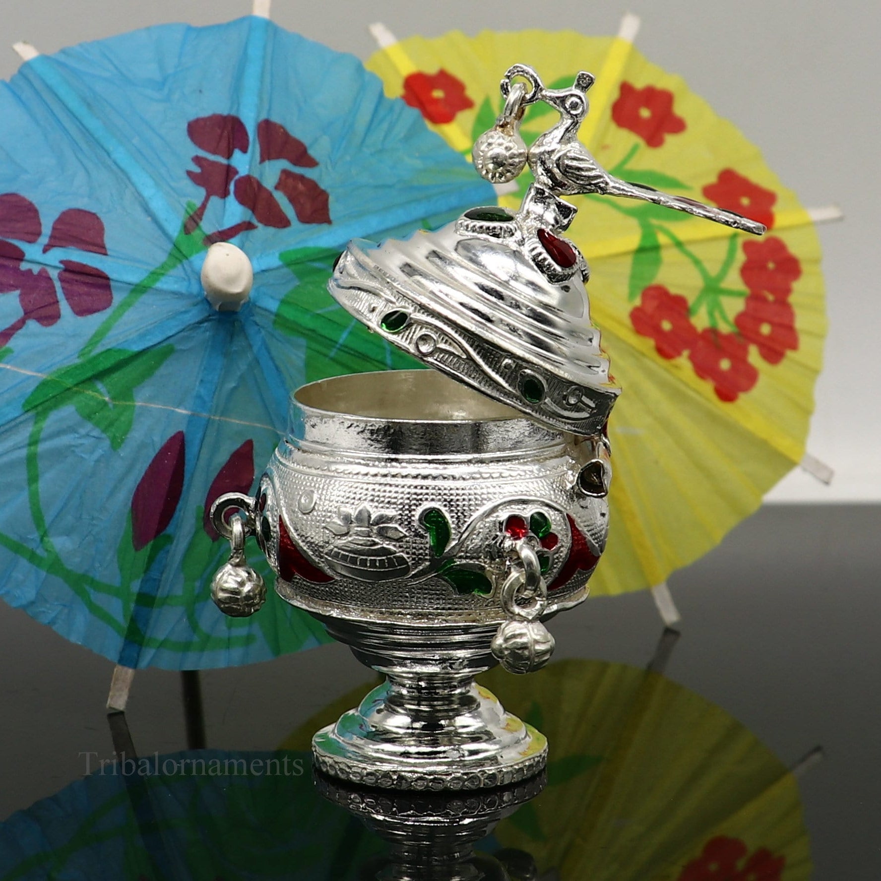 925 sterling silver handmade enamel design vintage trinket box Krishna Prasadam serving box , brides accessories, kumkum sindur box stb158 - TRIBAL ORNAMENTS