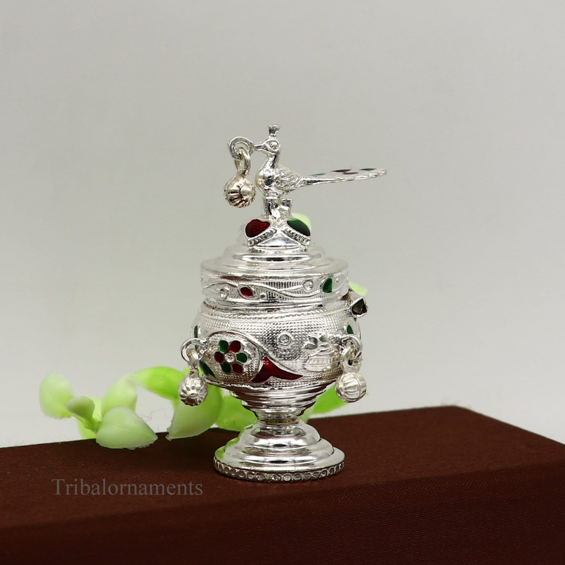 925 sterling silver handmade enamel design vintage trinket box Krishna Prasadam serving box , brides accessories, kumkum sindur box stb159 - TRIBAL ORNAMENTS