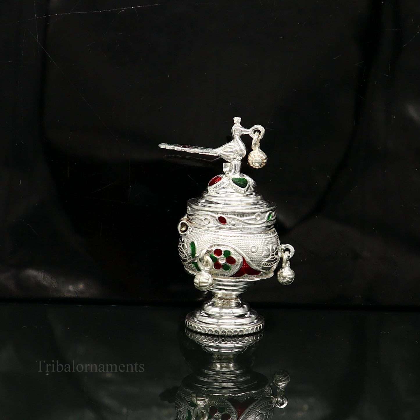 925 sterling silver handmade enamel design vintage trinket box Krishna Prasadam serving box , brides accessories, kumkum sindur box stb159 - TRIBAL ORNAMENTS