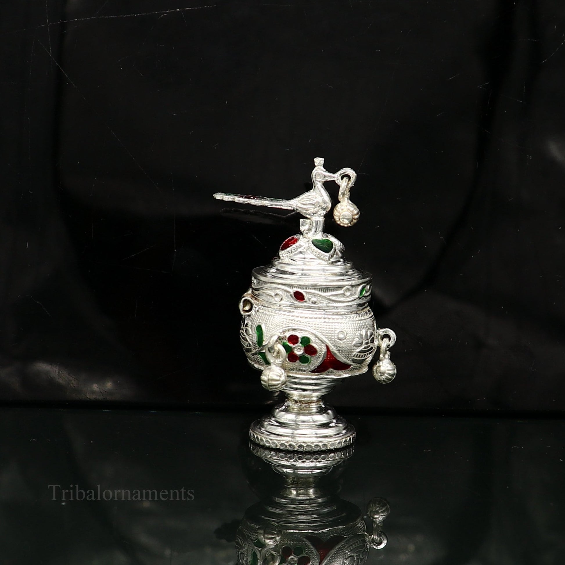 925 sterling silver handmade enamel design vintage trinket box Krishna Prasadam serving box , brides accessories, kumkum sindur box stb159 - TRIBAL ORNAMENTS