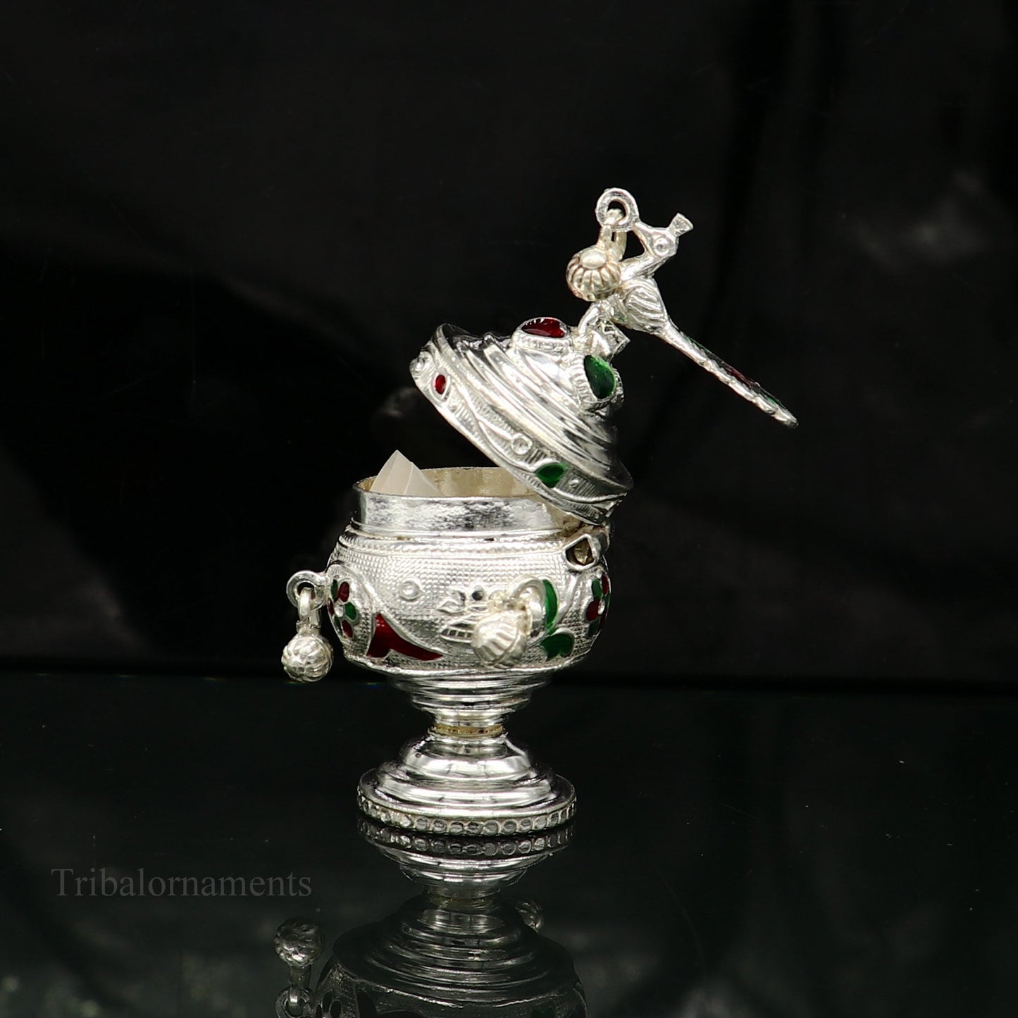 925 sterling silver handmade enamel design vintage trinket box Krishna Prasadam serving box , brides accessories, kumkum sindur box stb159 - TRIBAL ORNAMENTS