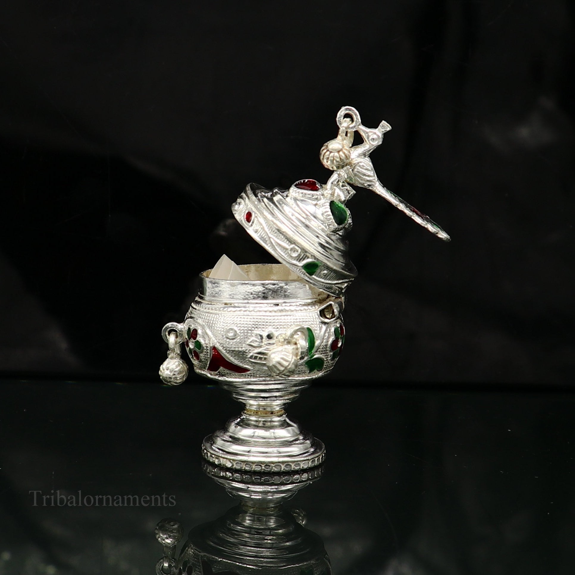 925 sterling silver handmade enamel design vintage trinket box Krishna Prasadam serving box , brides accessories, kumkum sindur box stb159 - TRIBAL ORNAMENTS