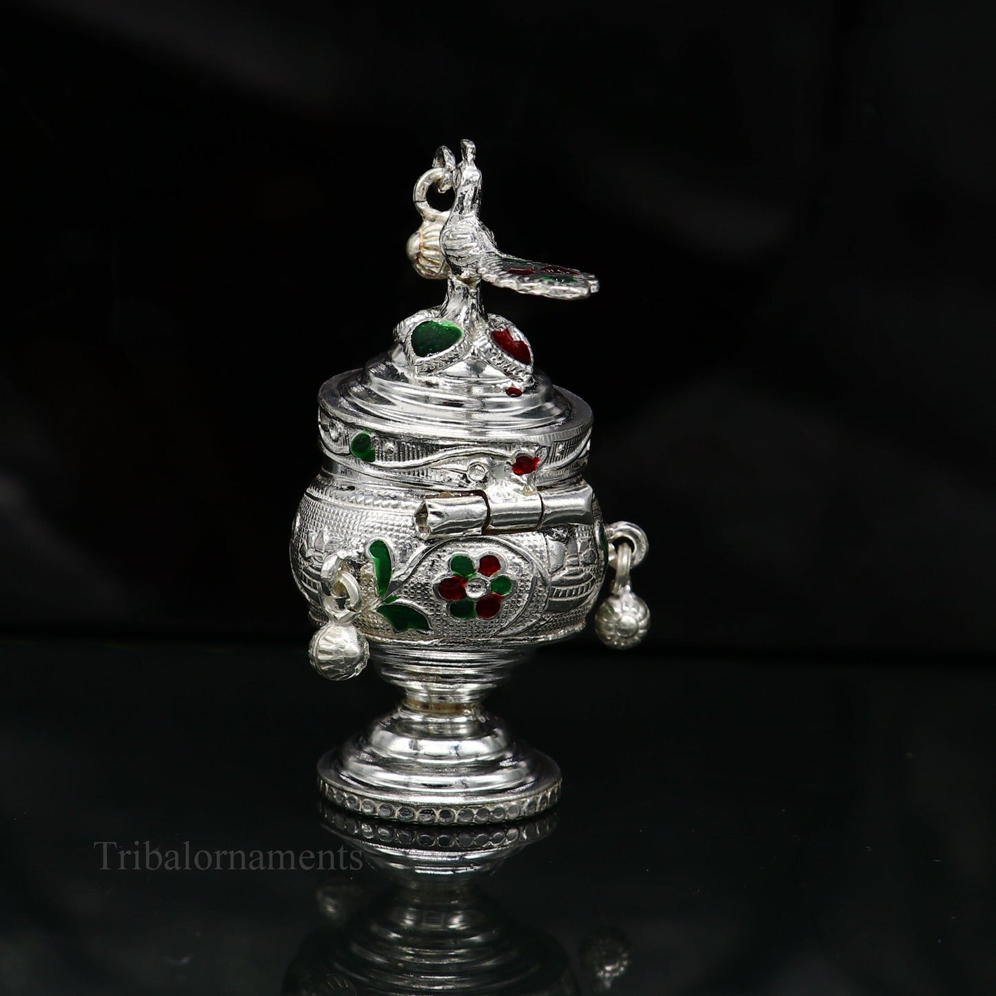 925 sterling silver handmade enamel design vintage trinket box Krishna Prasadam serving box , brides accessories, kumkum sindur box stb159 - TRIBAL ORNAMENTS