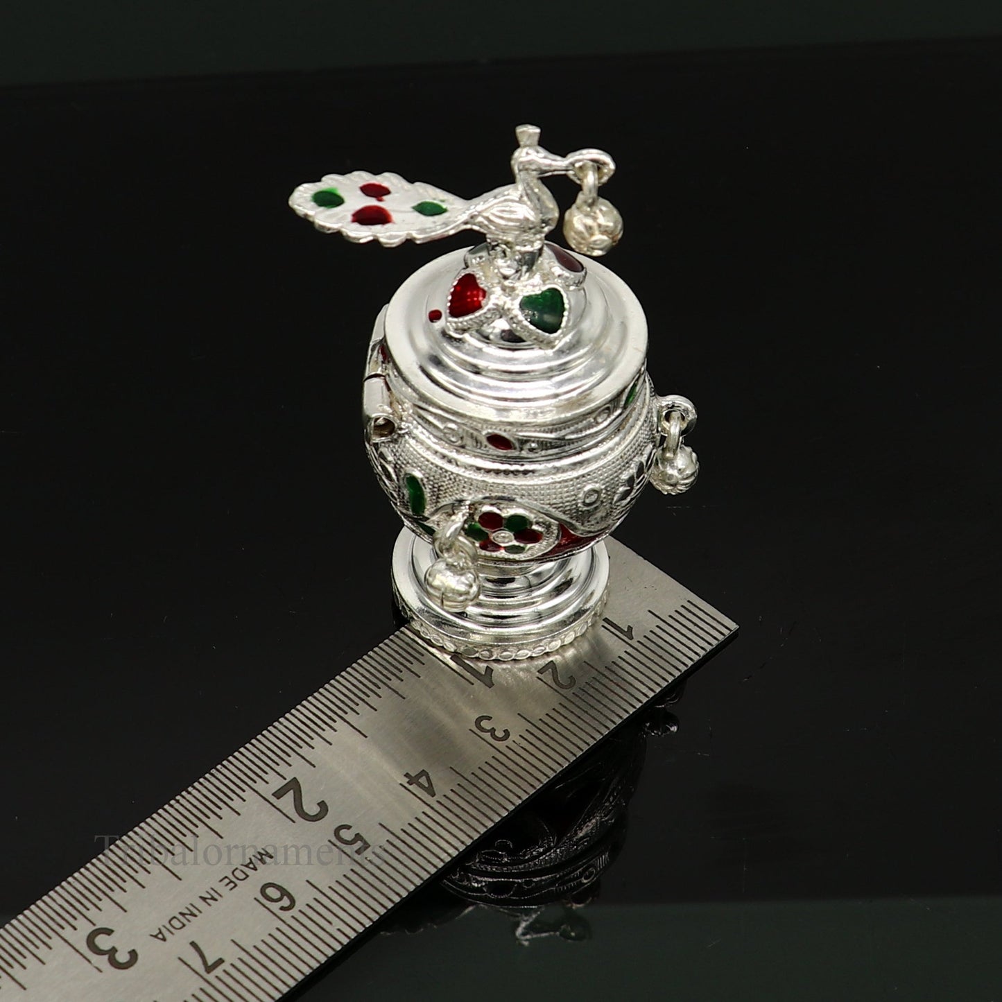 925 sterling silver handmade enamel design vintage trinket box Krishna Prasadam serving box , brides accessories, kumkum sindur box stb159 - TRIBAL ORNAMENTS