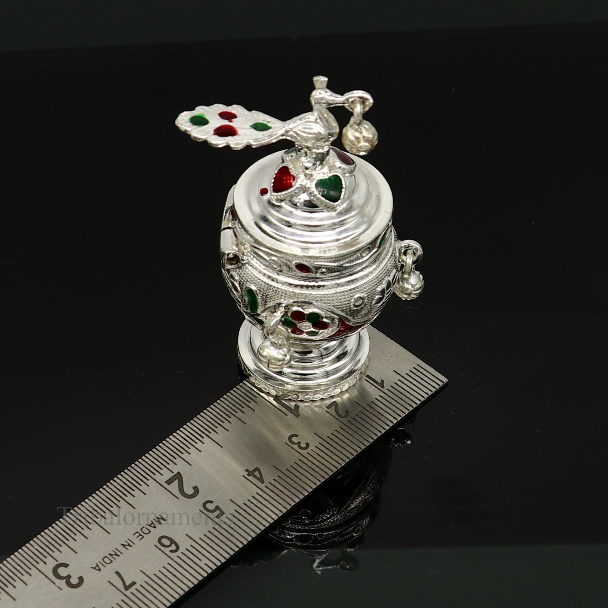 925 sterling silver handmade enamel design vintage trinket box Krishna Prasadam serving box , brides accessories, kumkum sindur box stb159 - TRIBAL ORNAMENTS