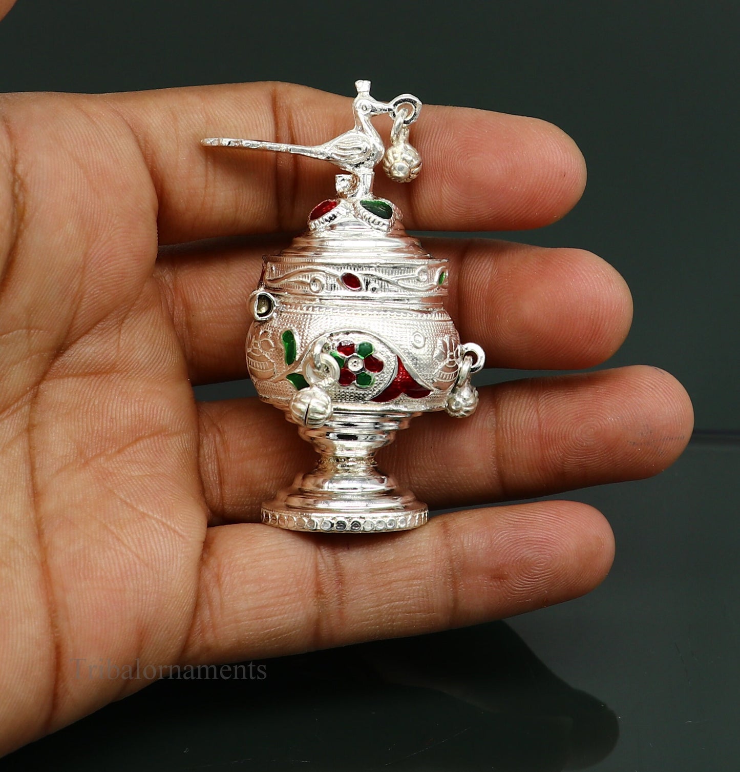 925 sterling silver handmade enamel design vintage trinket box Krishna Prasadam serving box , brides accessories, kumkum sindur box stb159 - TRIBAL ORNAMENTS