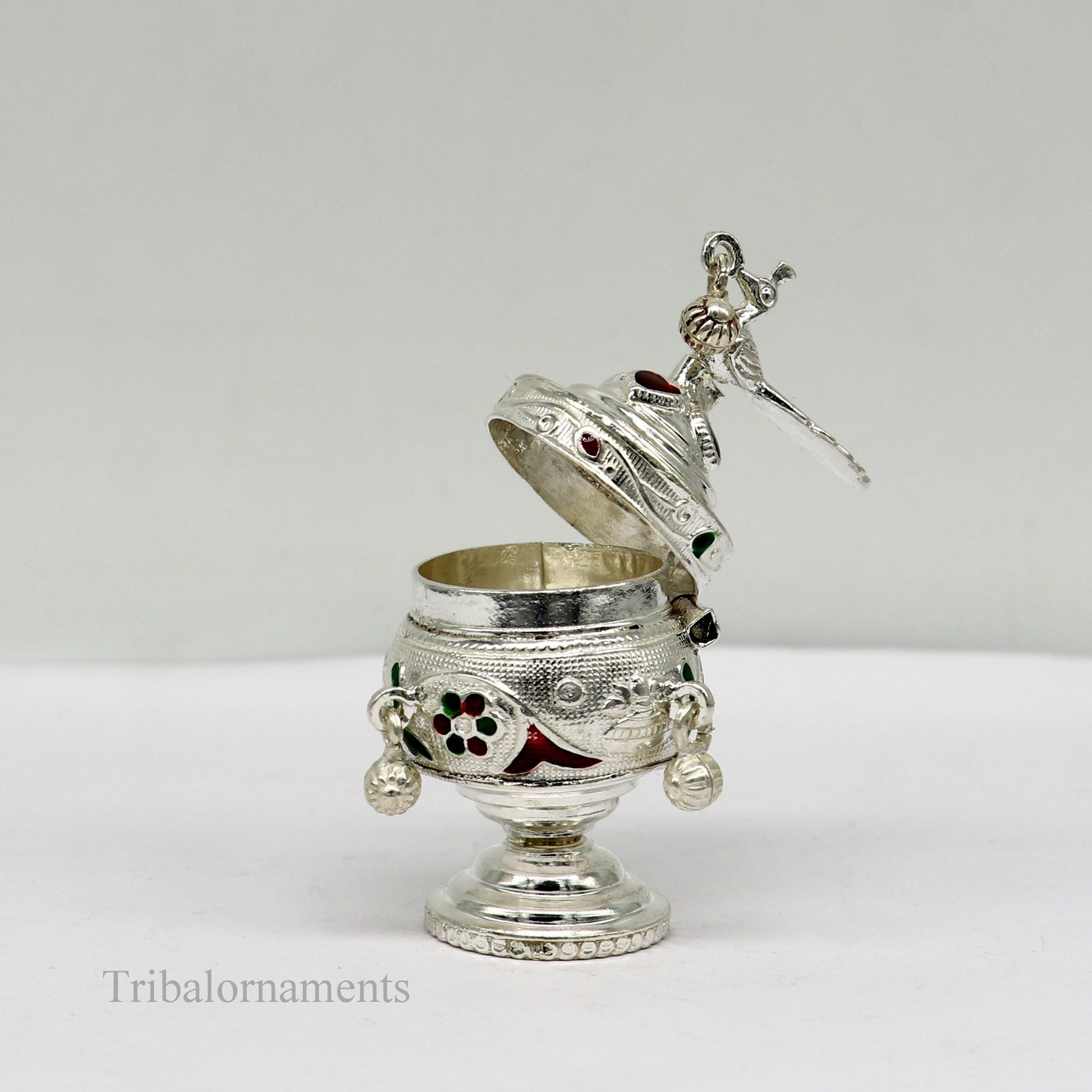 925 sterling silver handmade enamel design vintage trinket box Krishna Prasadam serving box , brides accessories, kumkum sindur box stb159 - TRIBAL ORNAMENTS