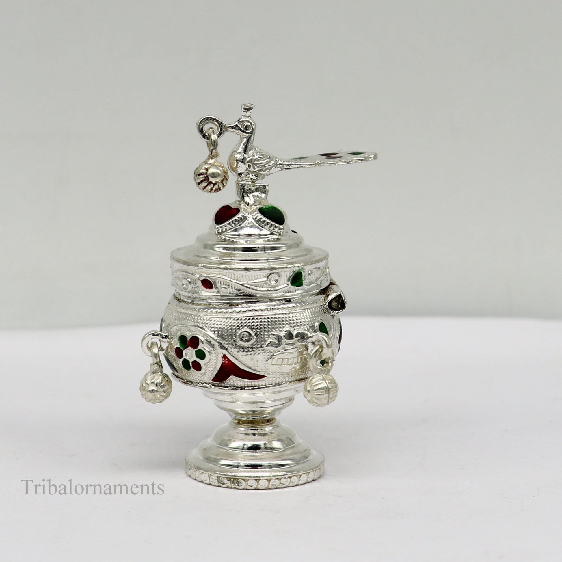 925 sterling silver handmade enamel design vintage trinket box Krishna Prasadam serving box , brides accessories, kumkum sindur box stb159 - TRIBAL ORNAMENTS