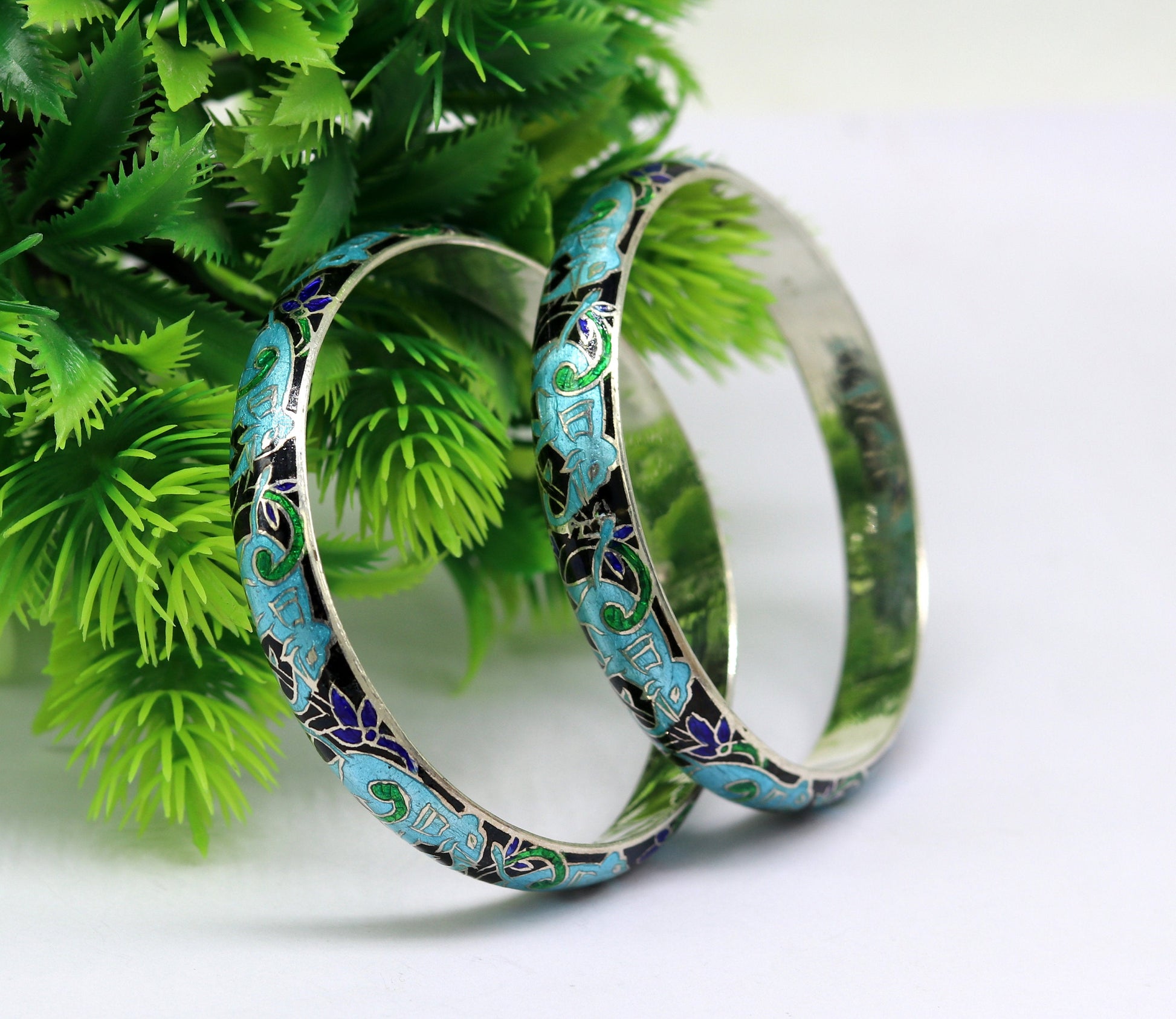 925 sterling silver handmade enamel elephant work bridesmaid bangle bracelet for girl's women's personalized gifting tribal jewelry nba84 - TRIBAL ORNAMENTS