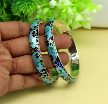 925 sterling silver handmade enamel elephant work bridesmaid bangle bracelet for girl's women's personalized gifting tribal jewelry nba84 - TRIBAL ORNAMENTS
