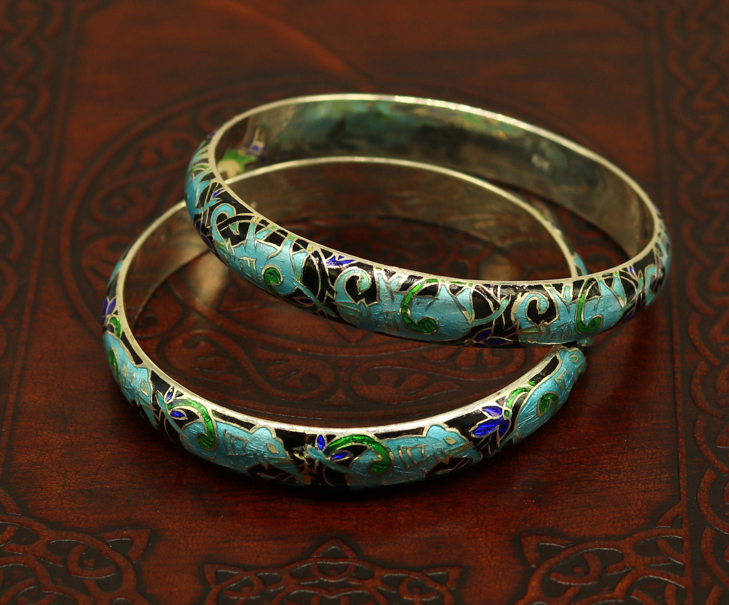 925 sterling silver handmade enamel elephant work bridesmaid bangle bracelet for girl's women's personalized gifting tribal jewelry nba84 - TRIBAL ORNAMENTS