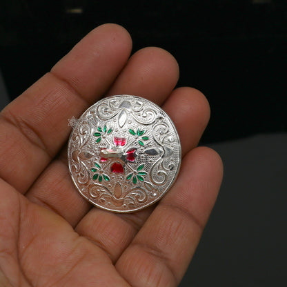 925 sterling silver enamel work Firki or Lattu toy, handcrafted silver toy for baby Krishna idols, tribal-inspired design from India.