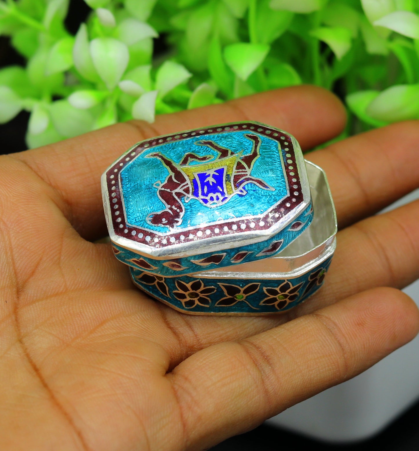 925 sterling silver handmade enamel work trinket box, pills casket box, silver utensils arts article, brides gifts, jewelry box stb41 - TRIBAL ORNAMENTS