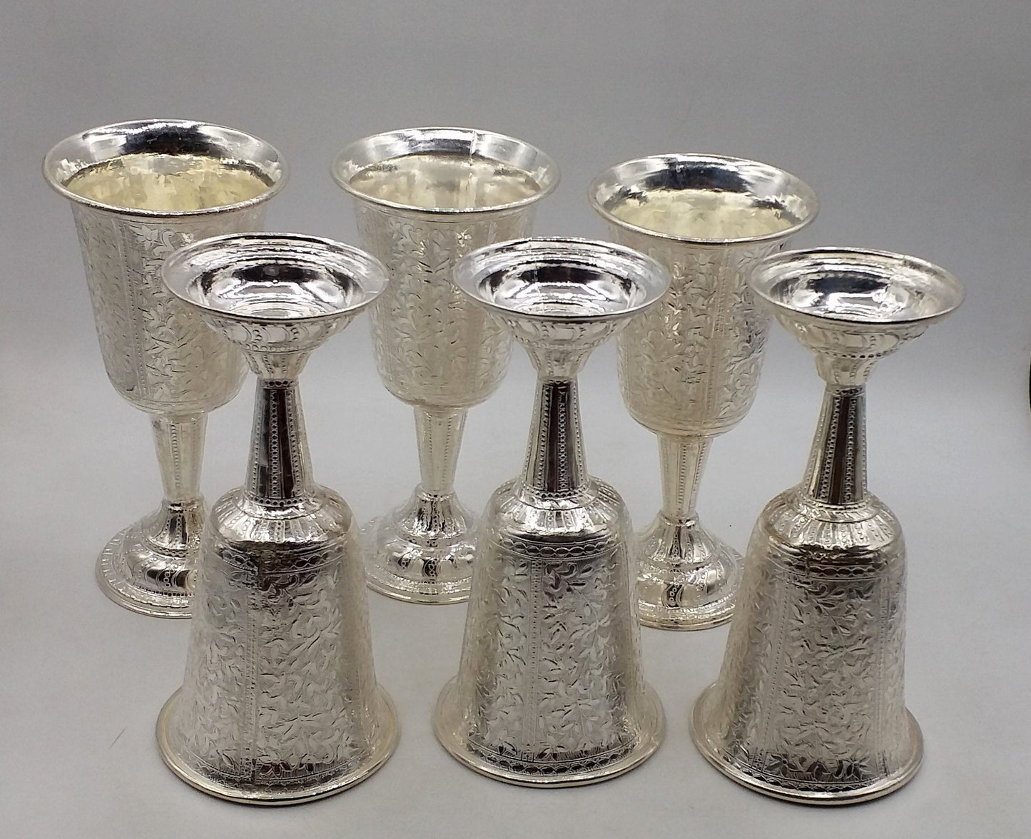 Set of 6 handmade 925 sterling silver engraved floral wine glasses by TRIBAL ORNAMENTS, elegant silver drinking glasses.