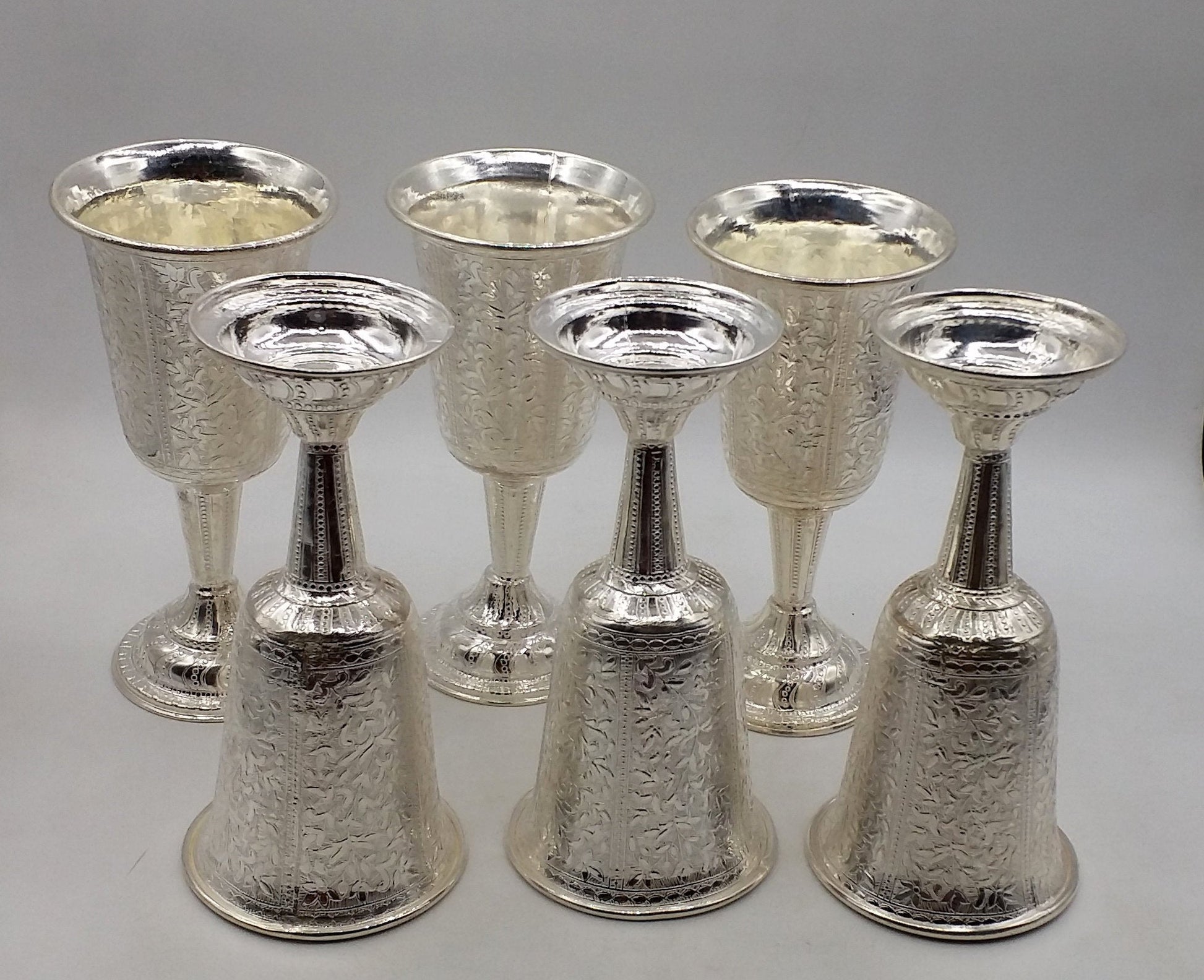 Set of 6 handmade 925 sterling silver engraved floral wine glasses by TRIBAL ORNAMENTS, elegant silver drinking glasses.
