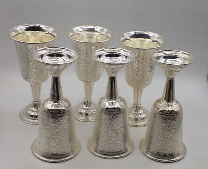 Set of 6 handmade 925 sterling silver engraved floral wine glasses by TRIBAL ORNAMENTS, elegant silver drinking glasses.