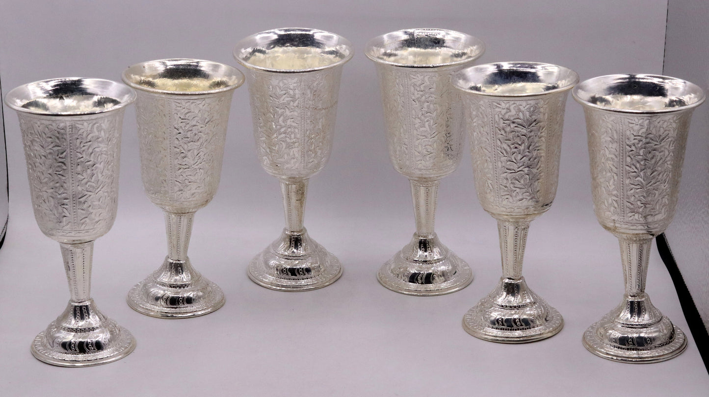 Set of 6 sterling silver wine glasses with engraved floral design by TRIBAL ORNAMENTS, handcrafted silver drinking glasses.