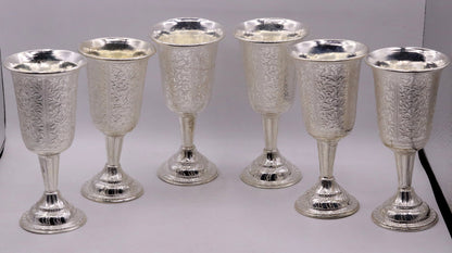 Set of 6 sterling silver wine glasses with engraved floral design by TRIBAL ORNAMENTS, handcrafted silver drinking glasses.